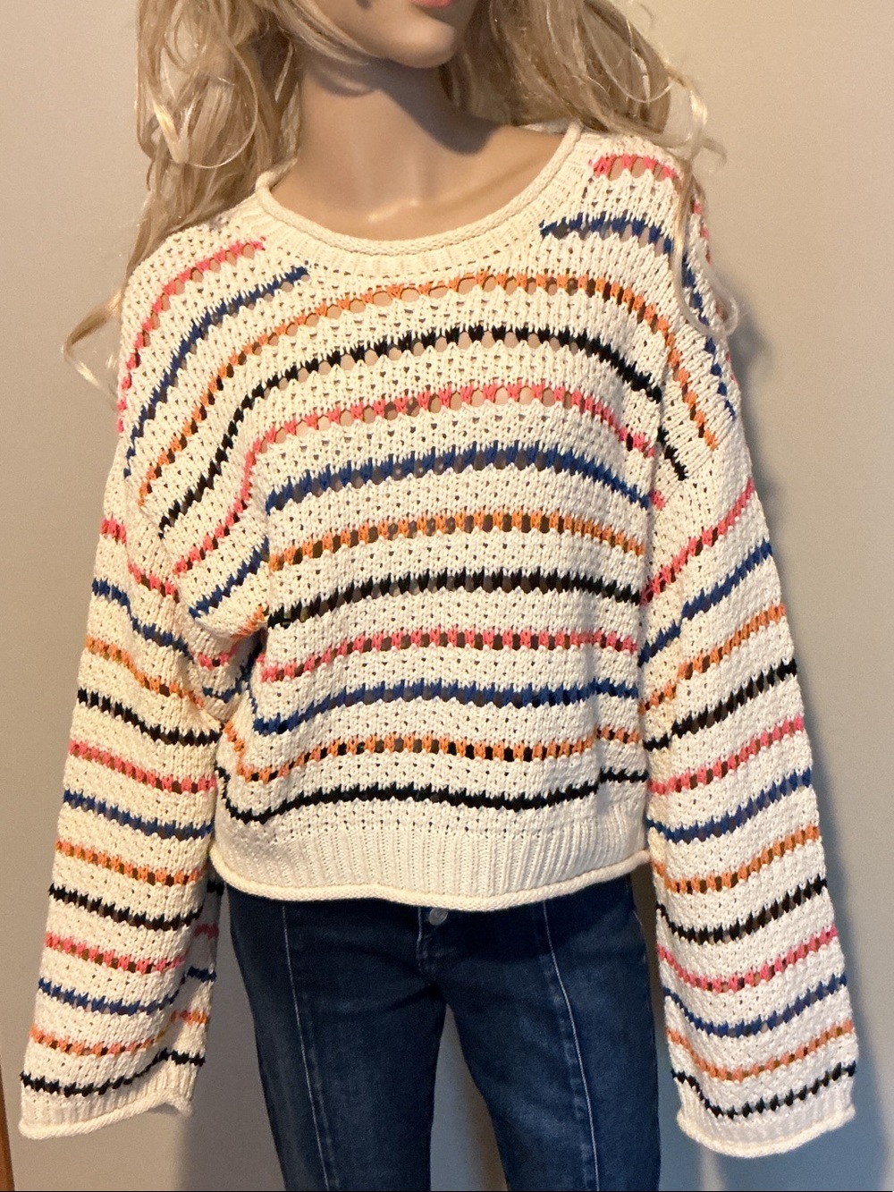 MOTHER Cream Crochet Crew Sweater with Blue and Orange Trim - Picture 9 of 9